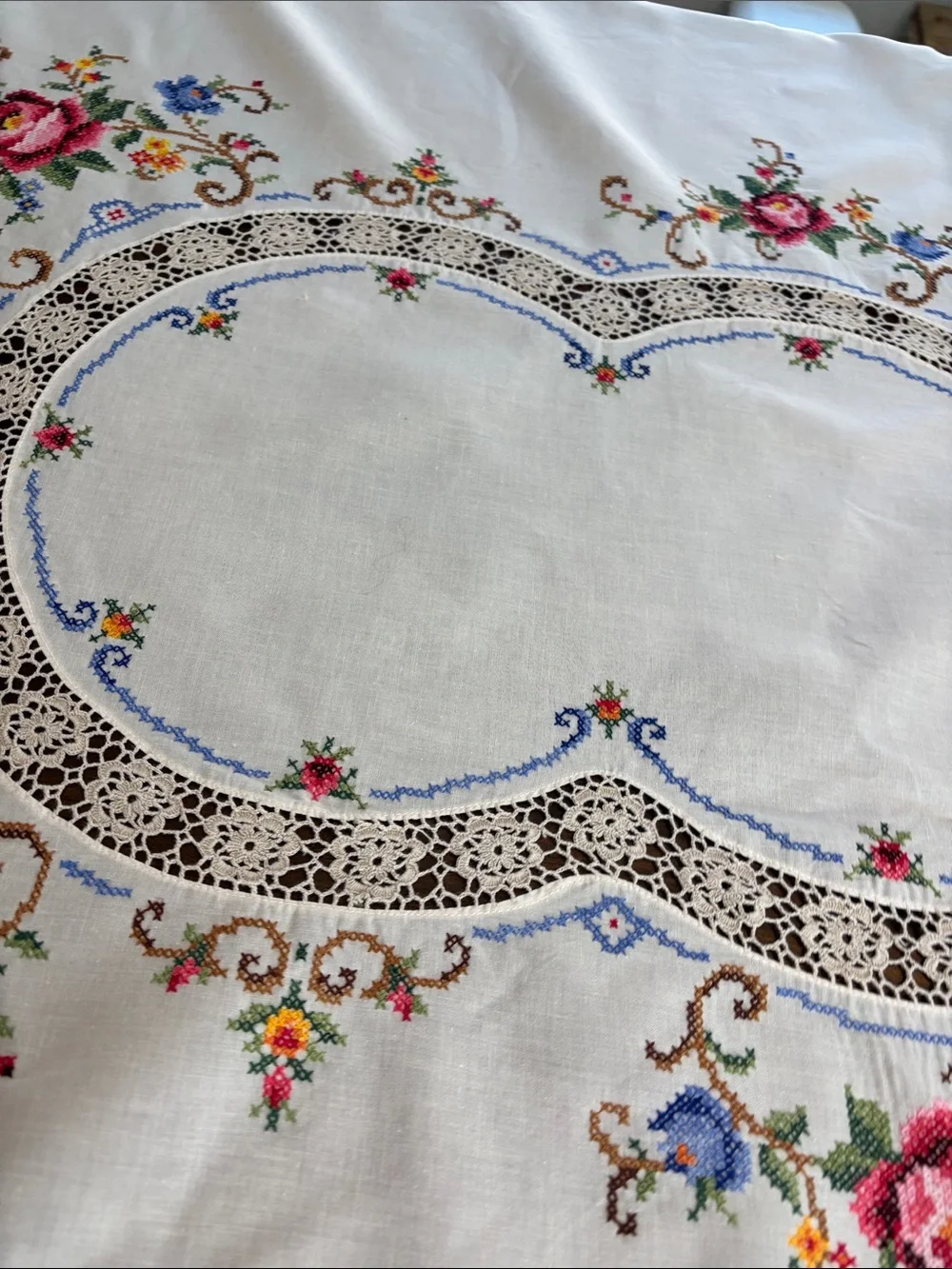 Vintage Large Embroidered & Crochet Floral Tablecloth White, Pink & Multicolor